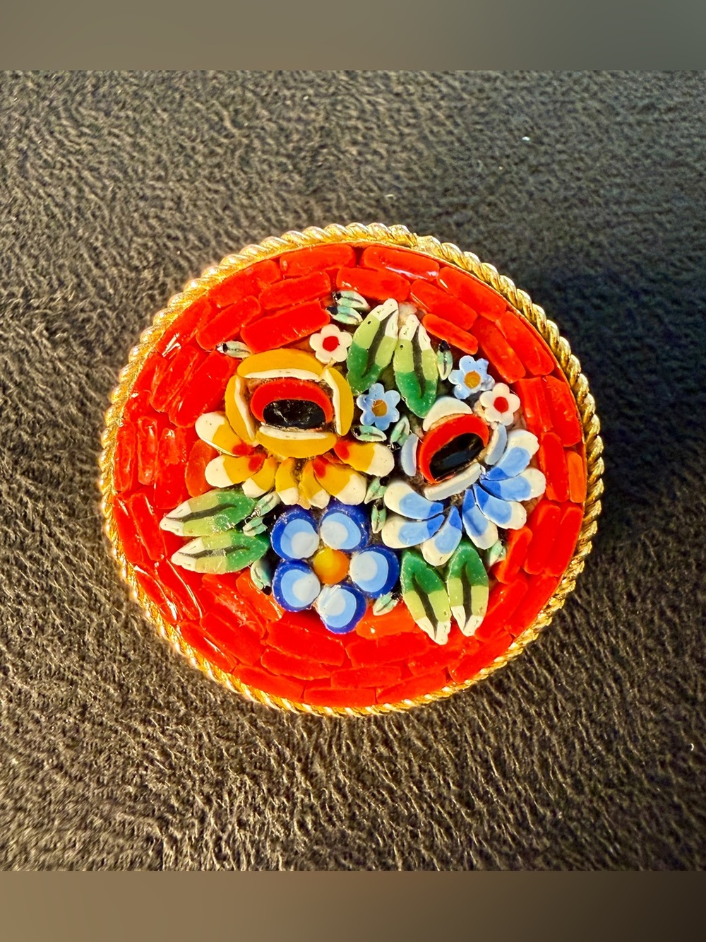 Vintage 1950s/1960s Red Italian Micro Mosaic Floral Brooch